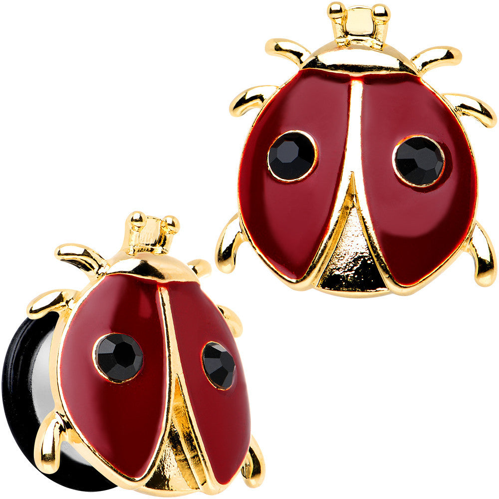 9/16 Red and Black Ladybug Stainless Steel Single Flare Plug Set