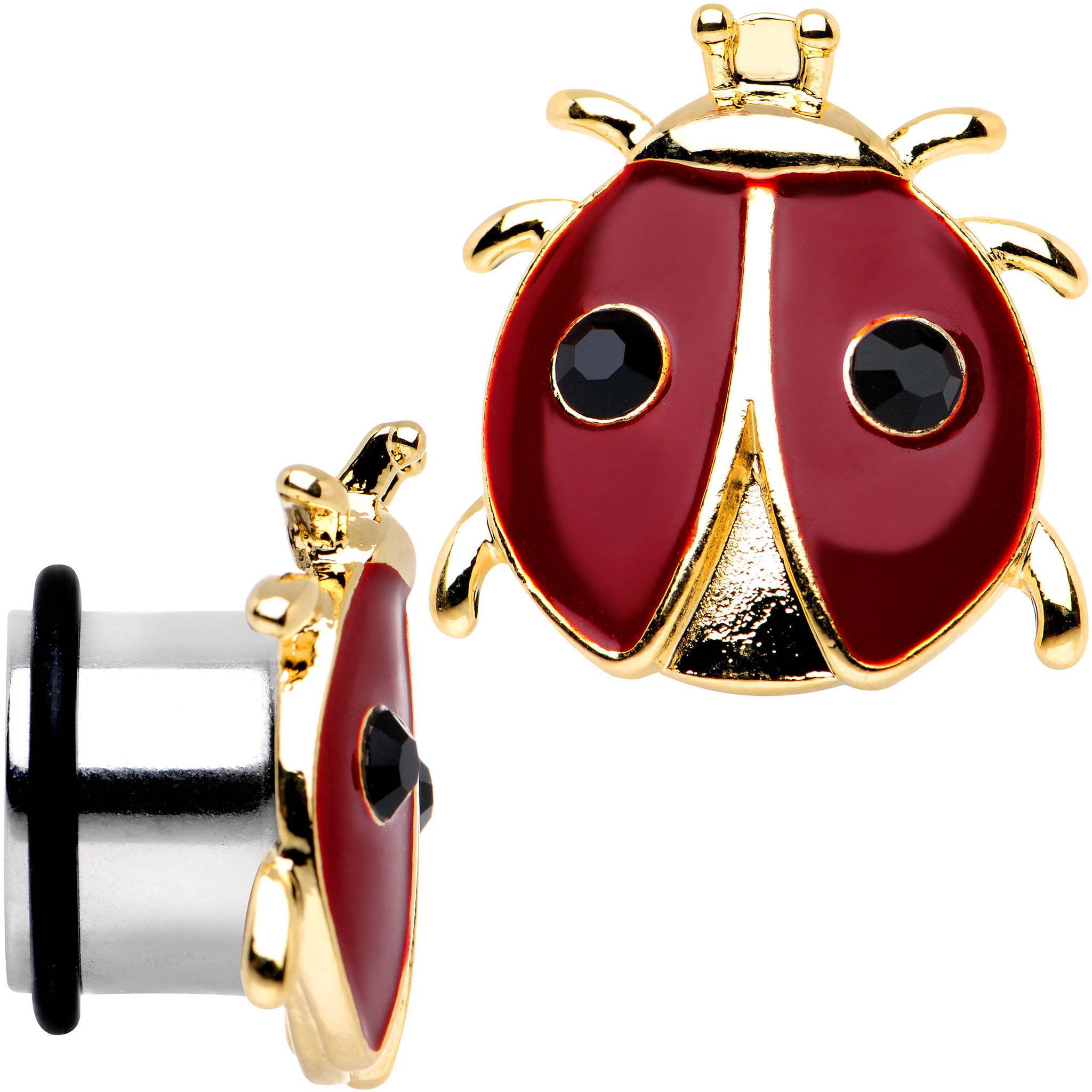 9/16 Red and Black Ladybug Stainless Steel Single Flare Plug Set