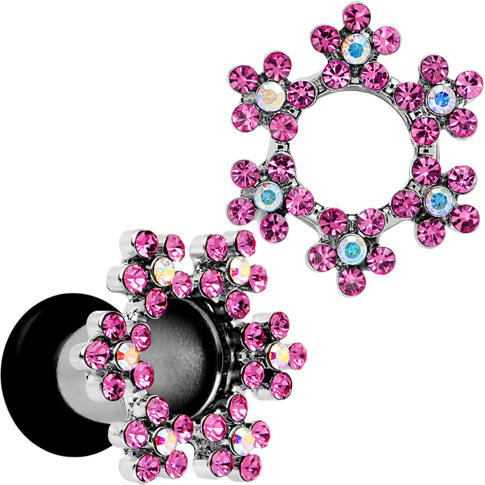 4 Gauge Pink and Aurora Gem Snowflake Steel Tunnel Plug Set