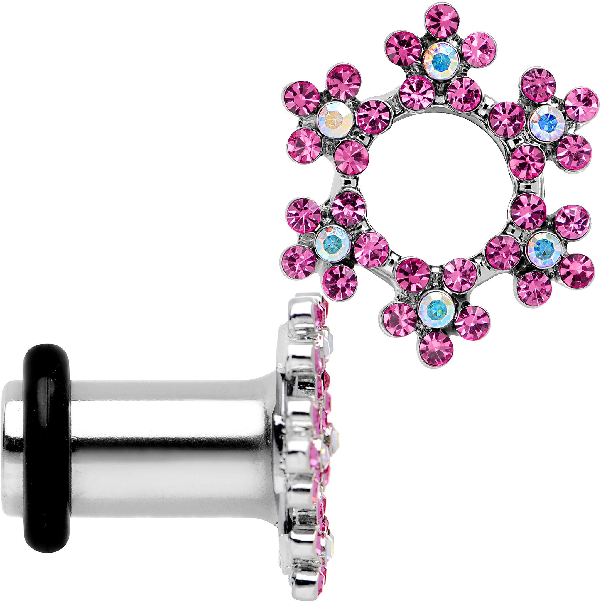 4 Gauge Pink and Aurora Gem Snowflake Steel Tunnel Plug Set