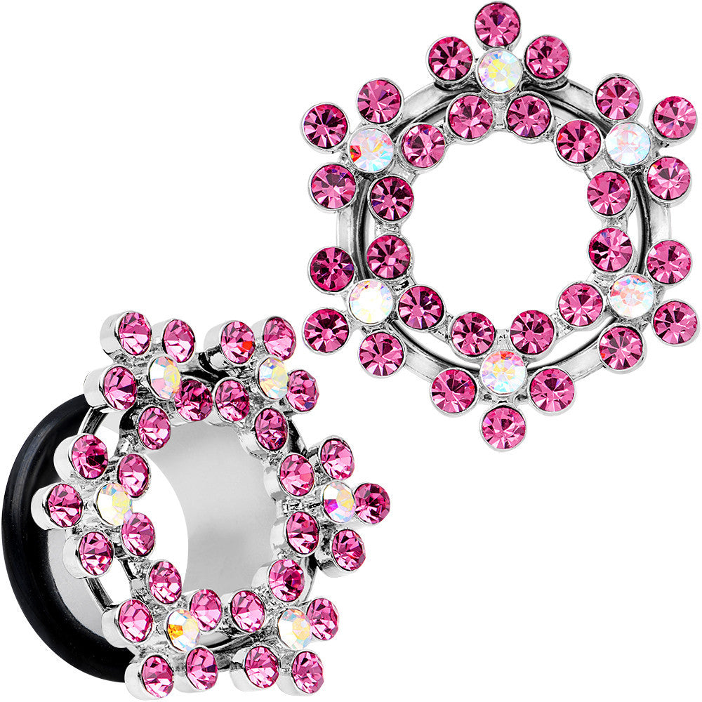 5/8 Pink and Aurora Gem Snowflake Steel Tunnel Plug Set