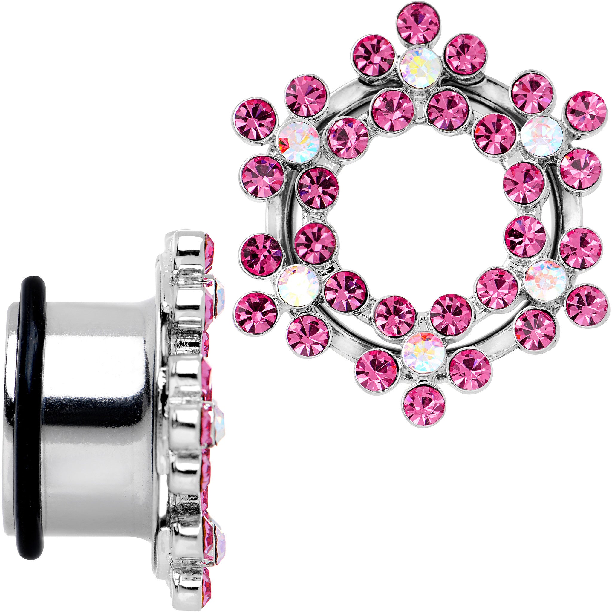 5/8 Pink and Aurora Gem Snowflake Steel Tunnel Plug Set