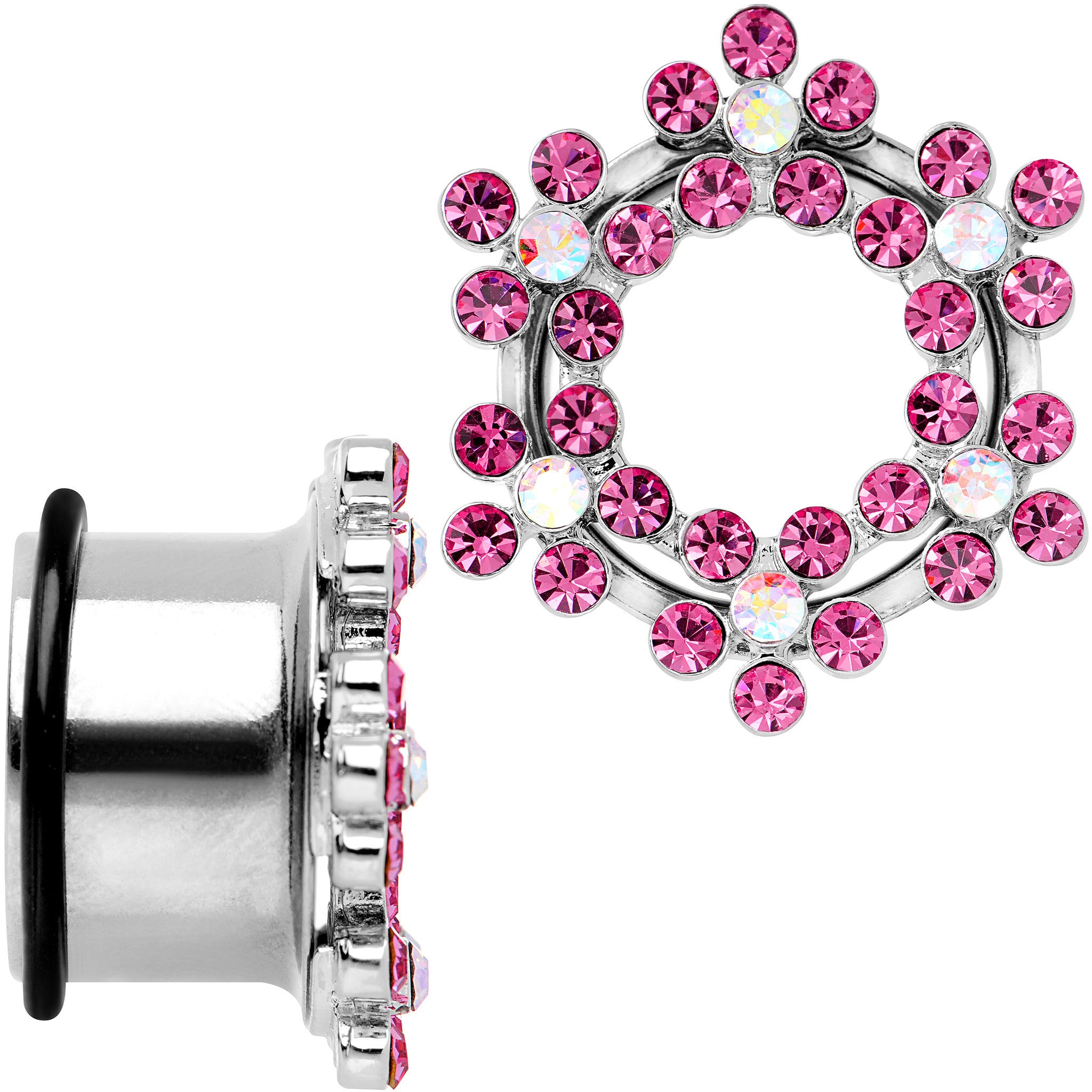 18mm Pink and Aurora Gem Snowflake Steel Tunnel Plug Set