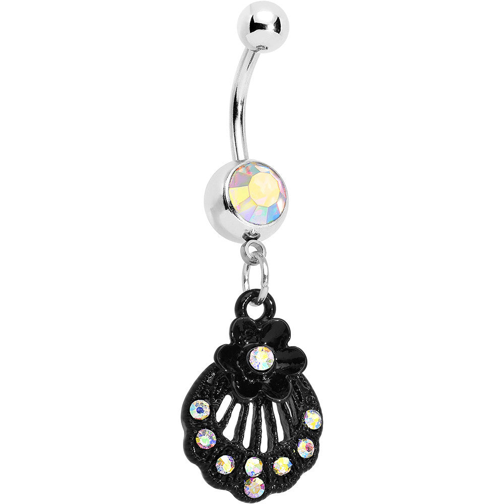 Aurora Czech Stone Black Floral Seashell Dangle Belly Ring