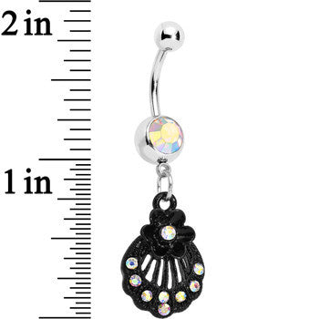 Aurora Czech Stone Black Floral Seashell Dangle Belly Ring