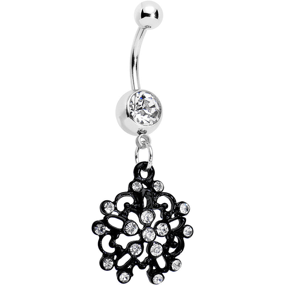 Clear Czech Stone Black Intricate Snowflake Dangle Belly Ring