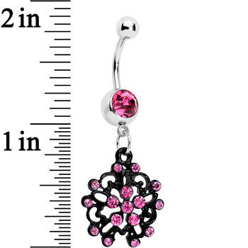 Pink Czech Stone Black Intricate Snowflake Dangle Belly Ring