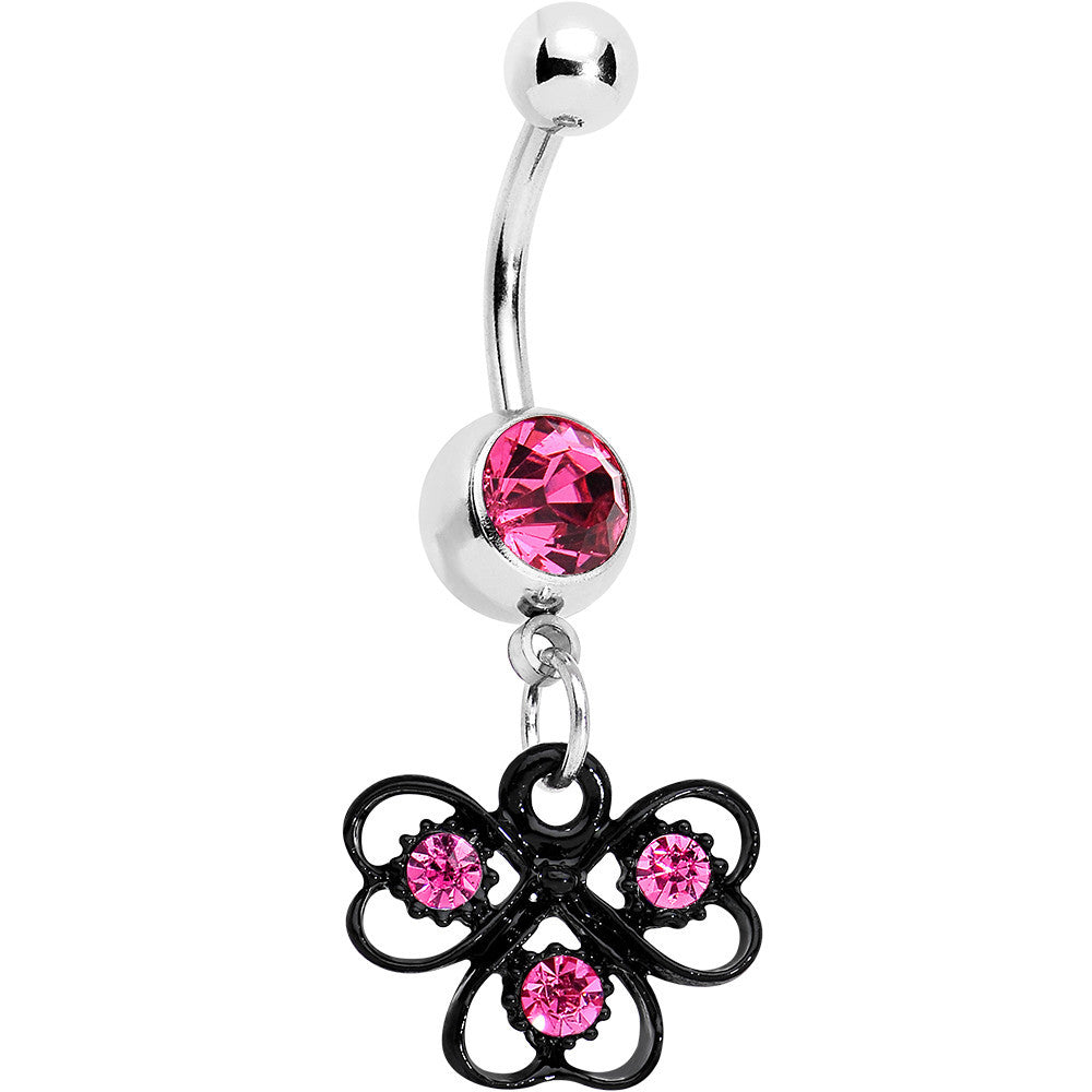 Pink Czech Stone Black Swirl Trio of Love Dangle Belly Ring