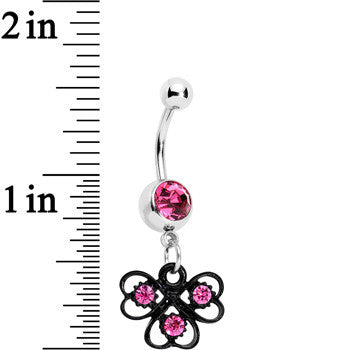 Pink Czech Stone Black Swirl Trio of Love Dangle Belly Ring