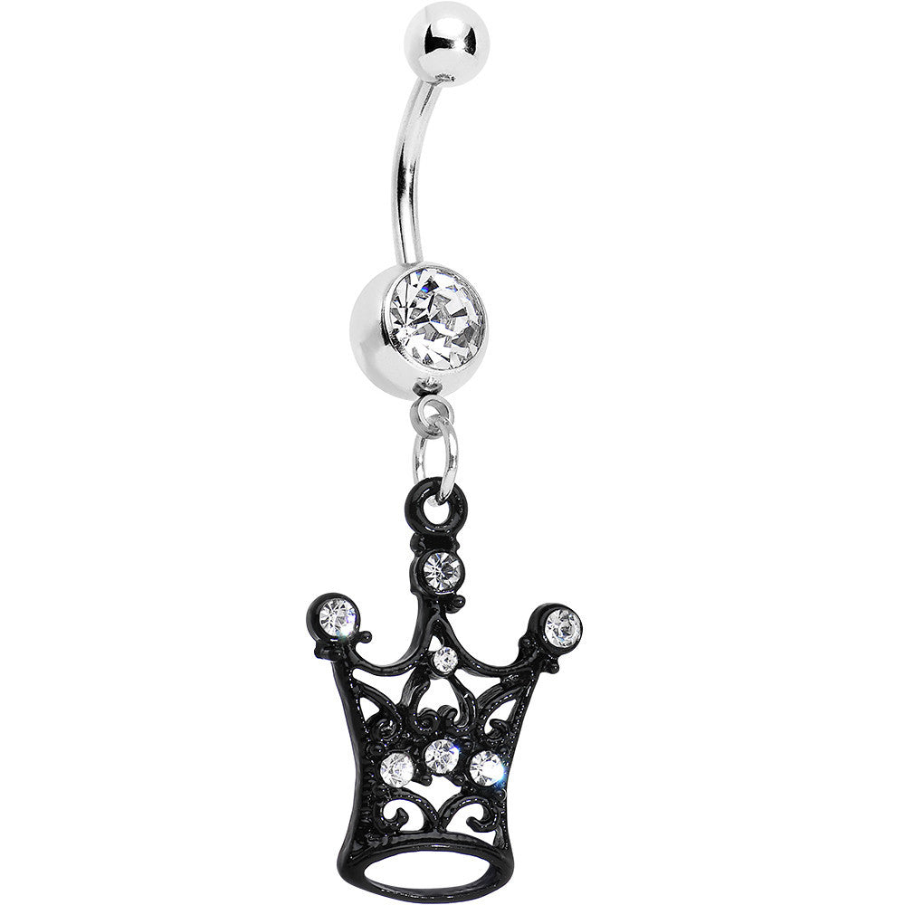 Clear Czech Stone Black Victorian King Crown Dangle Belly Ring