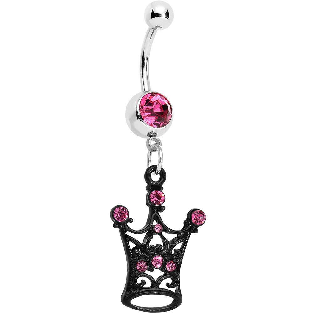 Pink Czech Stone Black Victorian King Crown Dangle Belly Ring