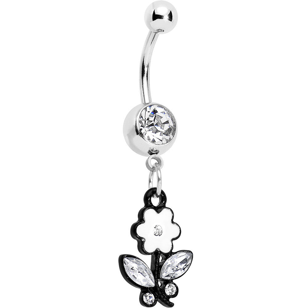 Clear Czech Stone Black Faceted Floral Foliage Dangle Belly Ring