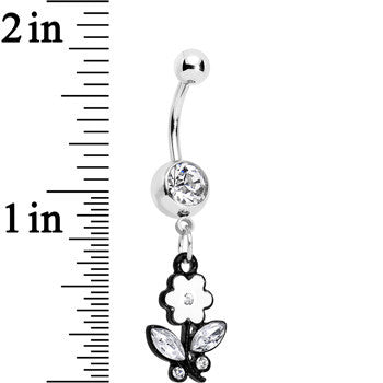 Clear Czech Stone Black Faceted Floral Foliage Dangle Belly Ring