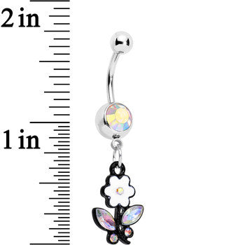 Aurora Czech Stone Black Faceted Floral Foliage Dangle Belly Ring