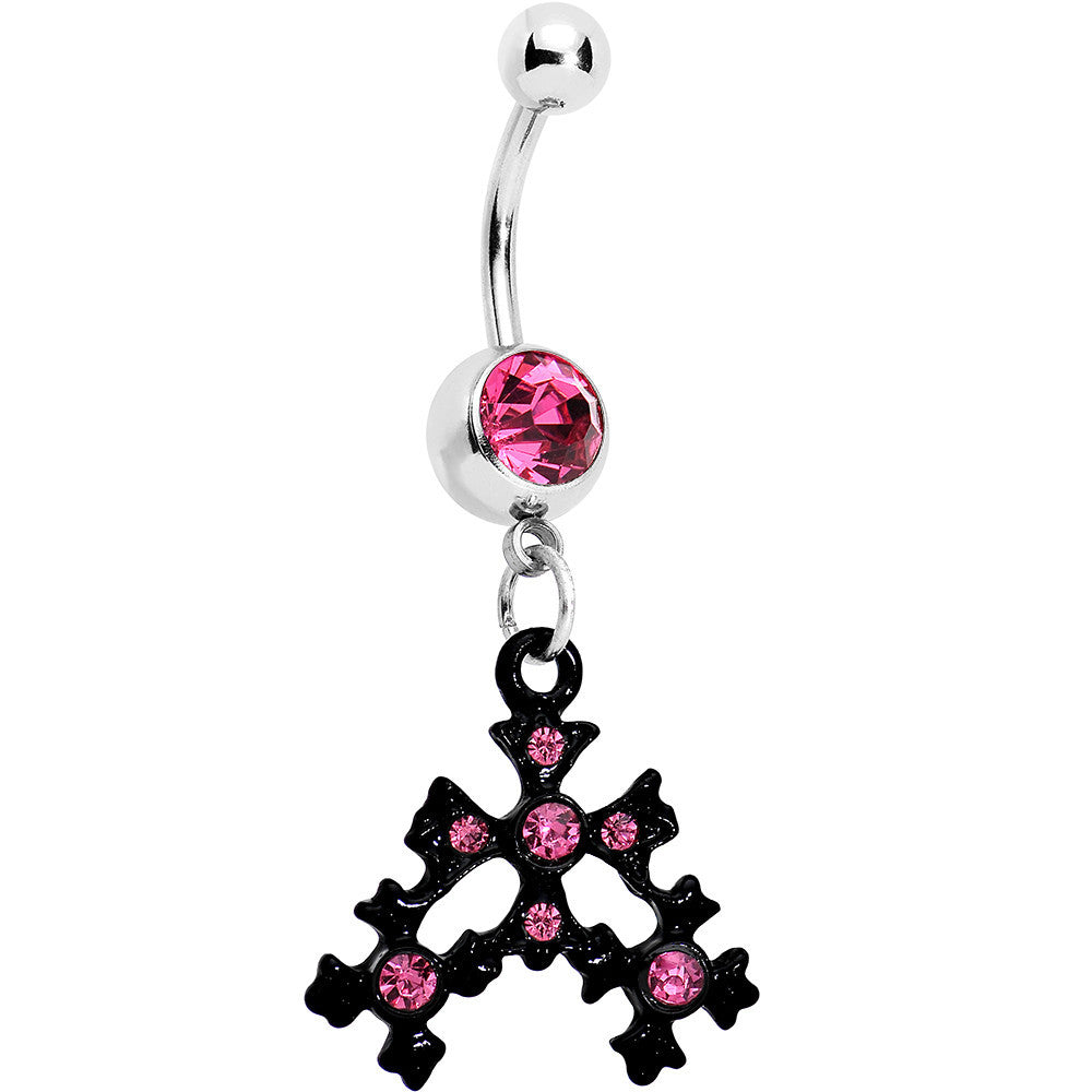 Pink Czech Stone Black Snow Flurry Dangle Belly Ring