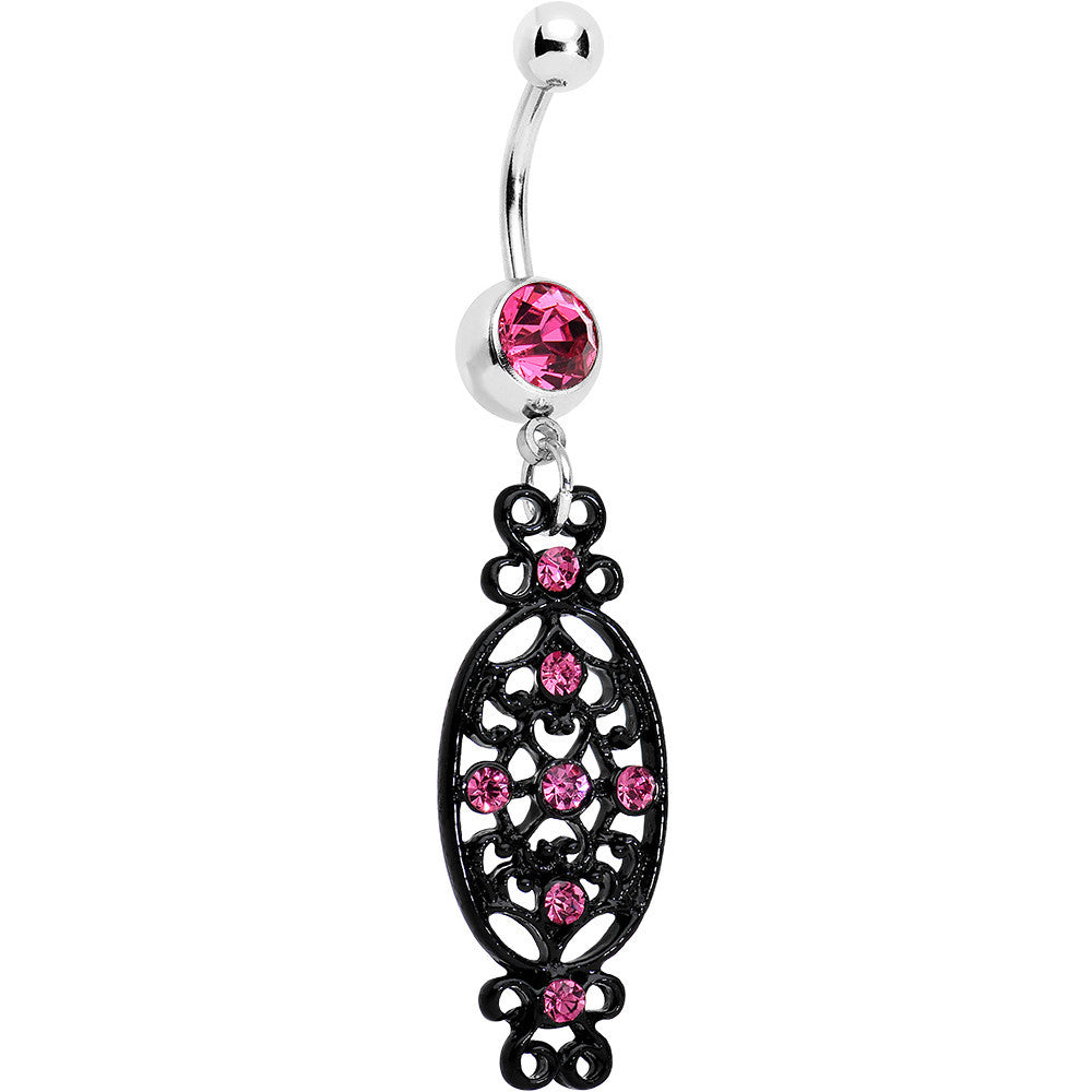 Pink Czech Stone Black Victorian Design Dangle Belly Ring