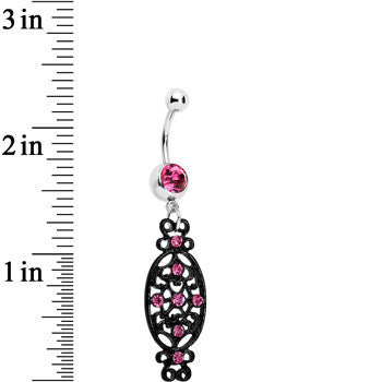 Pink Czech Stone Black Victorian Design Dangle Belly Ring