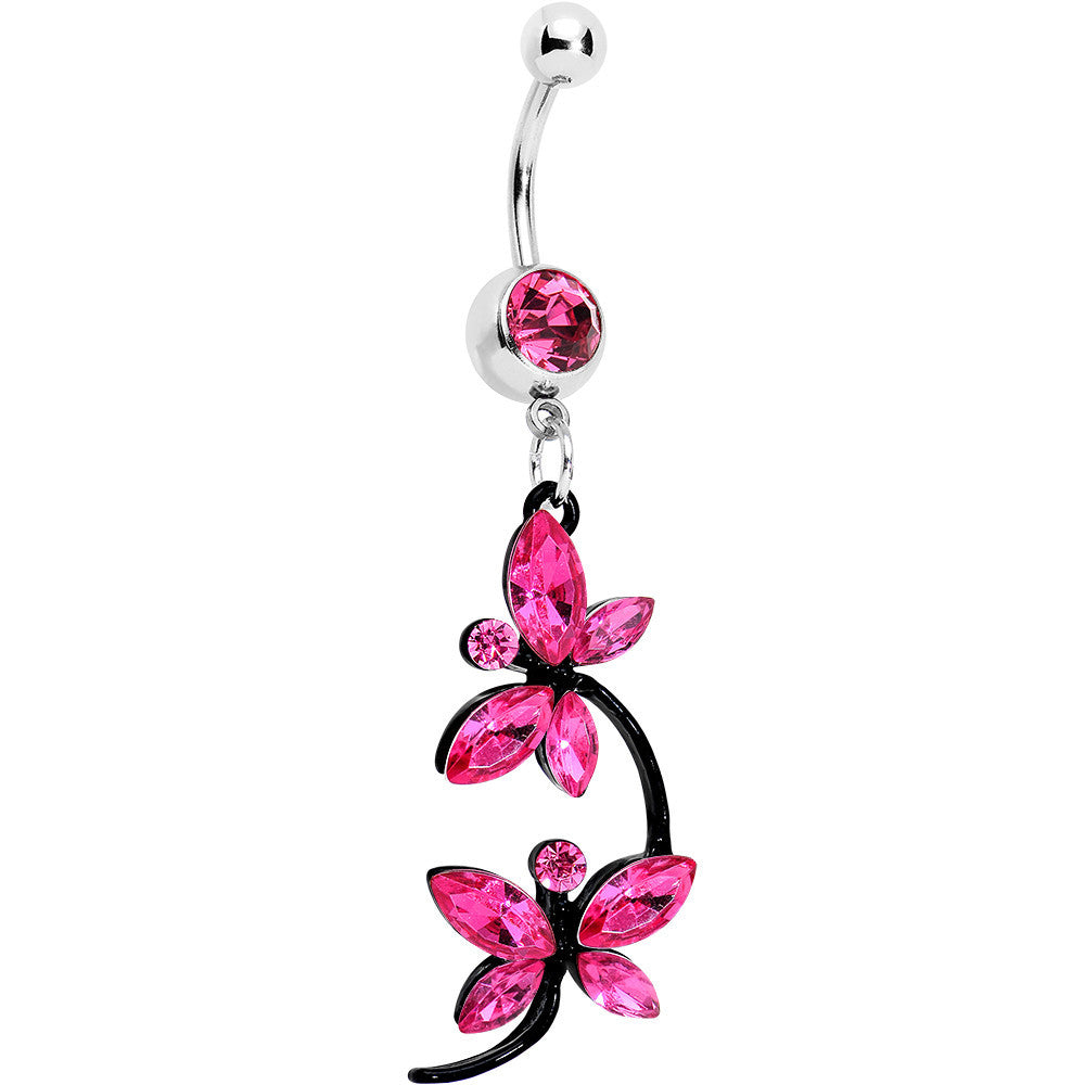 Pink Czech Stone Black Double Dragonfly Dangle Belly Ring