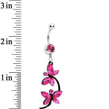 Pink Czech Stone Black Double Dragonfly Dangle Belly Ring