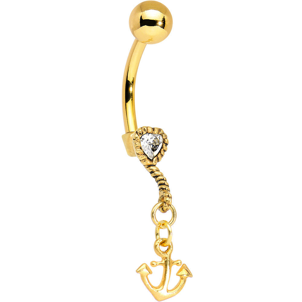 Gold Plated 925 Silver Anchor My Heart Clear Dangle Belly Ring