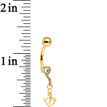 Gold Plated 925 Silver Anchor My Heart Clear Dangle Belly Ring