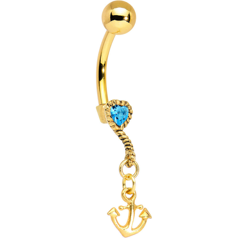 Gold Plated 925 Silver Anchor My Heart Aqua Dangle Belly Ring