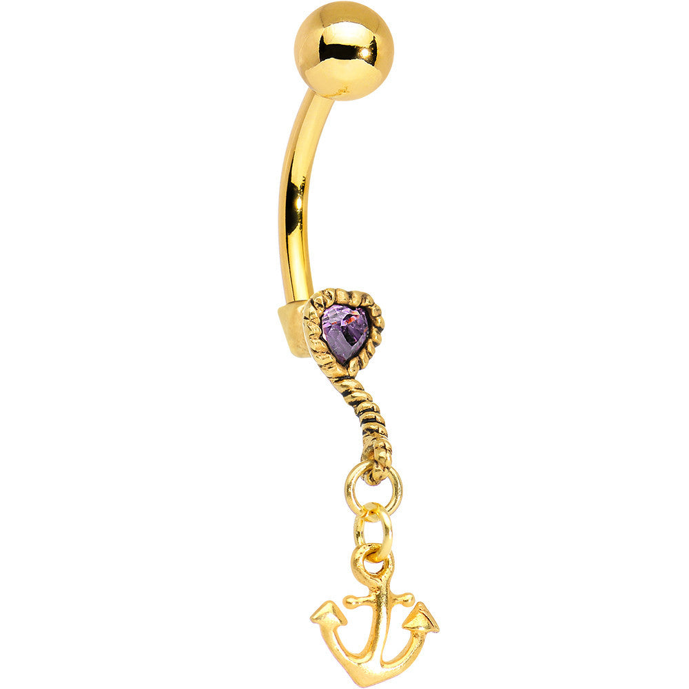 Gold Plated 925 Silver Anchor My Heart PurpleGem Dangle Belly Ring