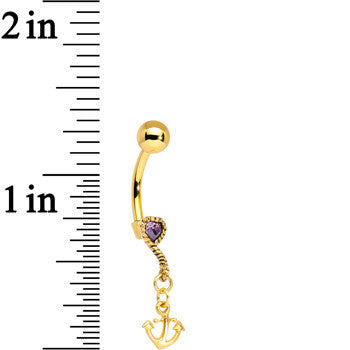 Gold Plated 925 Silver Anchor My Heart PurpleGem Dangle Belly Ring