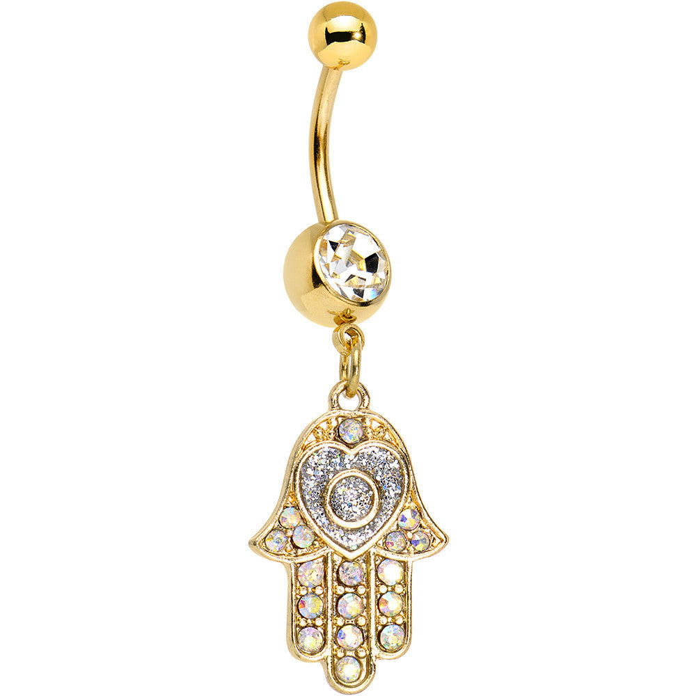 Clear Aurora Gem Gold Anodized Hamsa Heart Dangle Belly Ring