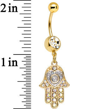 Clear Aurora Gem Gold Anodized Hamsa Heart Dangle Belly Ring