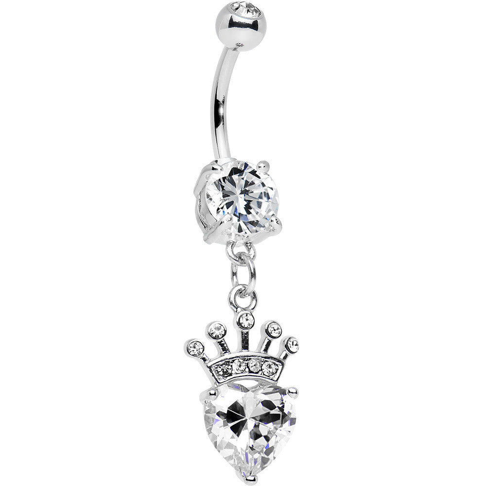 Clear Gem Claddagh Inspired Heart and Crown Dangle Belly Ring