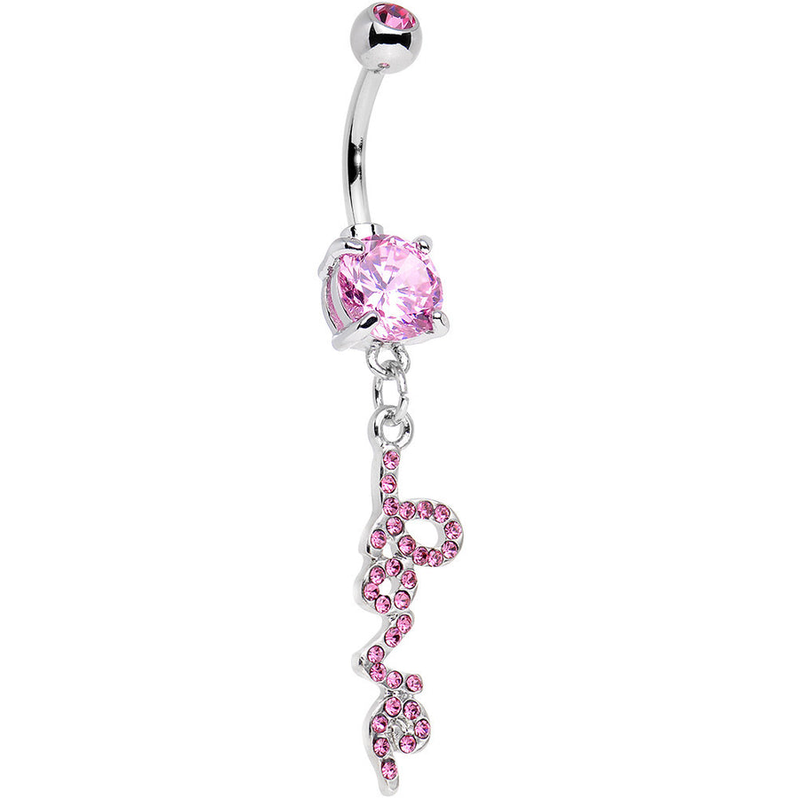 Pretty Pink Gem Studded Love Cursive Text Dangle Belly Ring