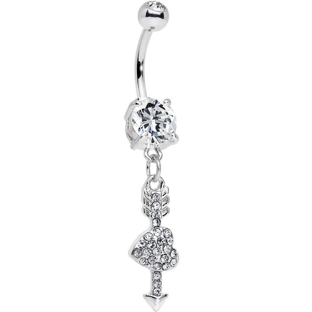 Clear Gem Studded Cupid Arrow Pierced Heart Dangle Belly Ring