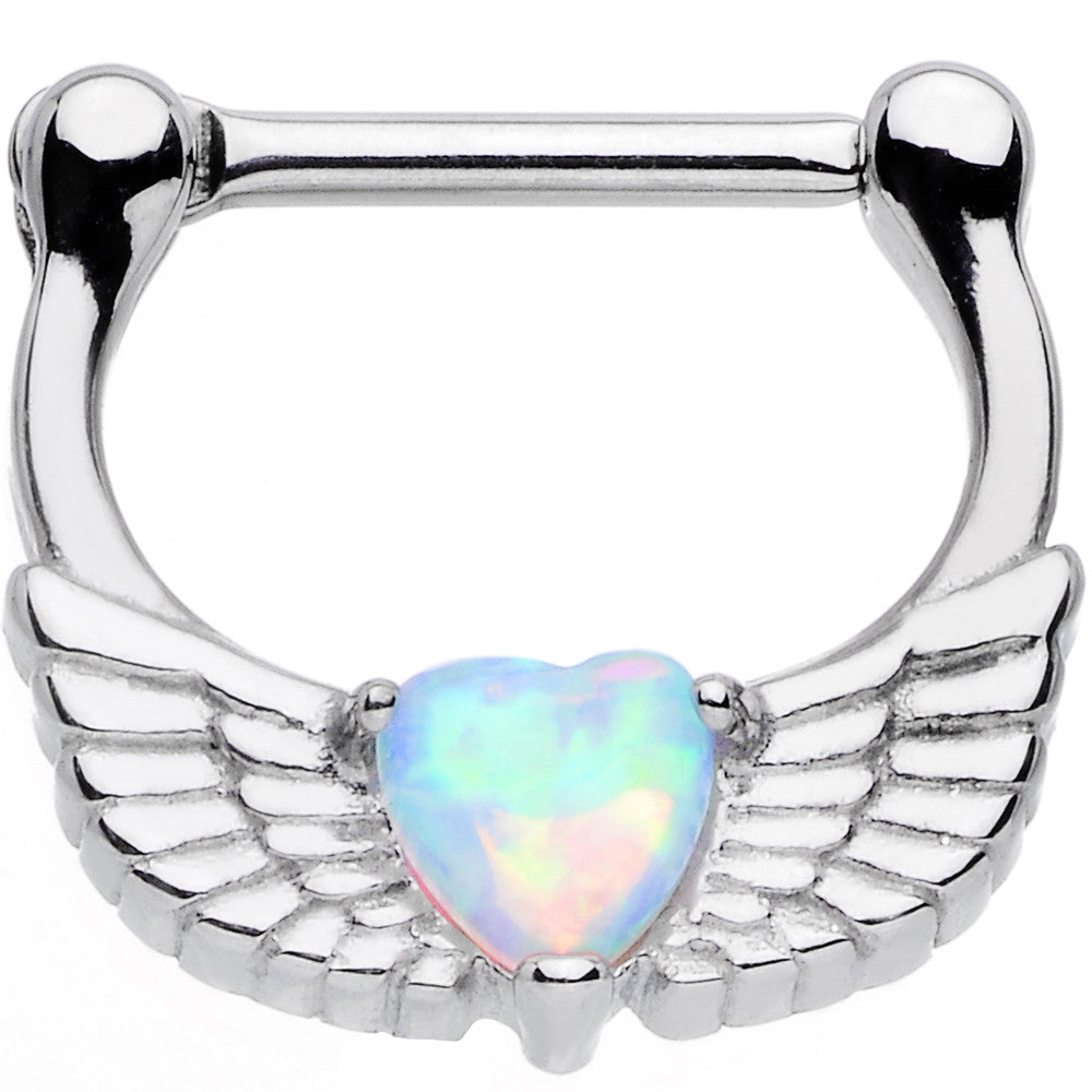 16 Gauge Steel White Synthetic Opal Heart Angel Wing Septum Clicker