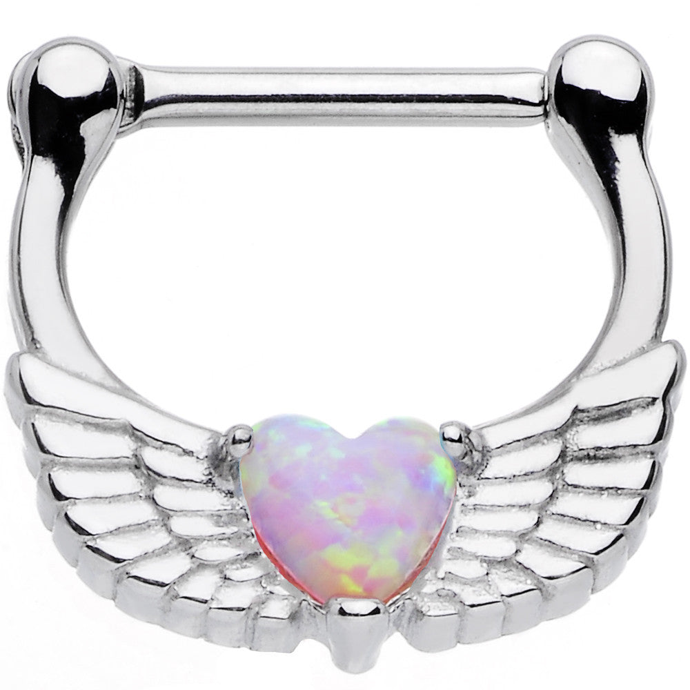 16 Gauge Steel Pinkish Synthetic Opal Heart Angel Wing Septum Clicker