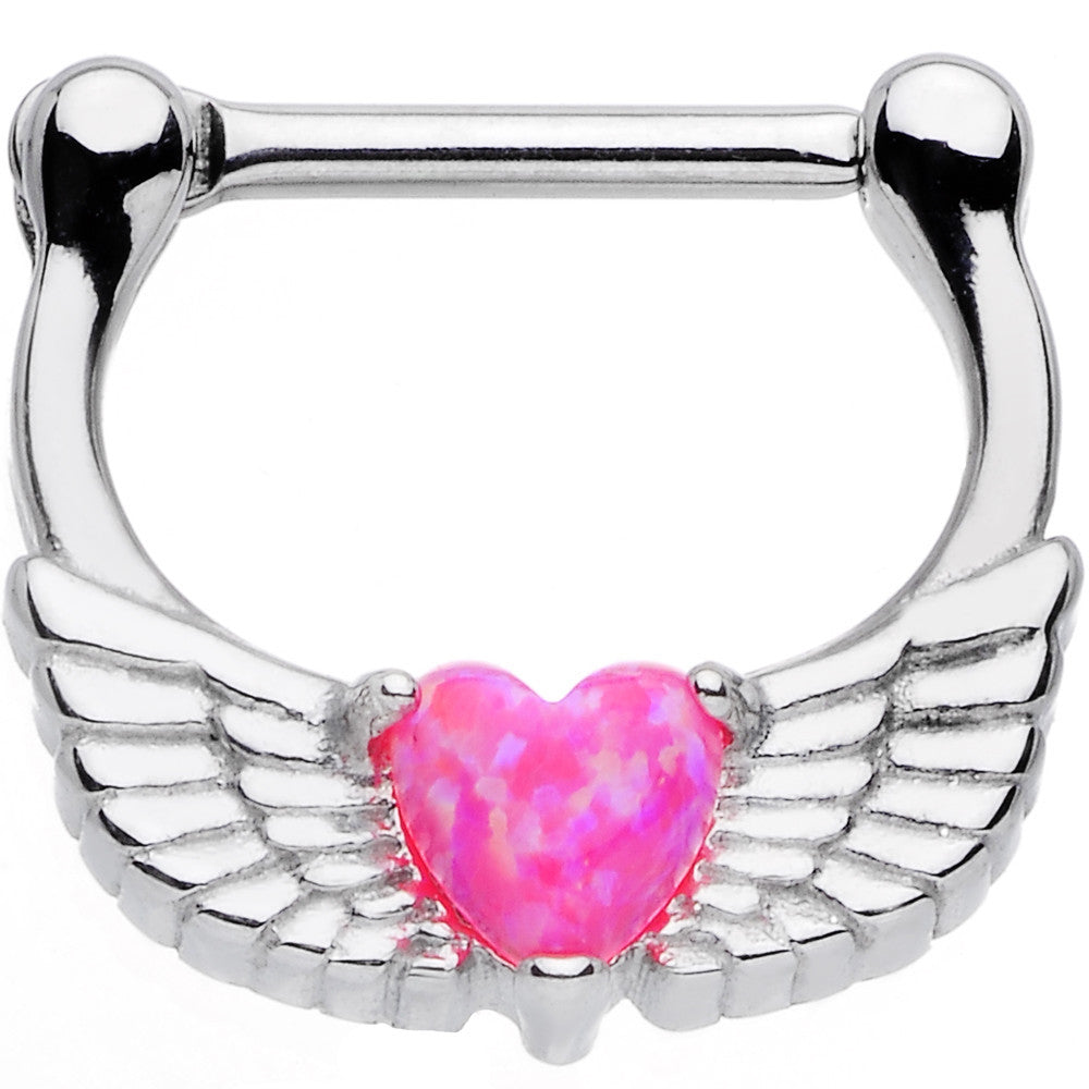 16 Gauge Steel Pink Synthetic Opal Heart Angel Wing Septum Clicker