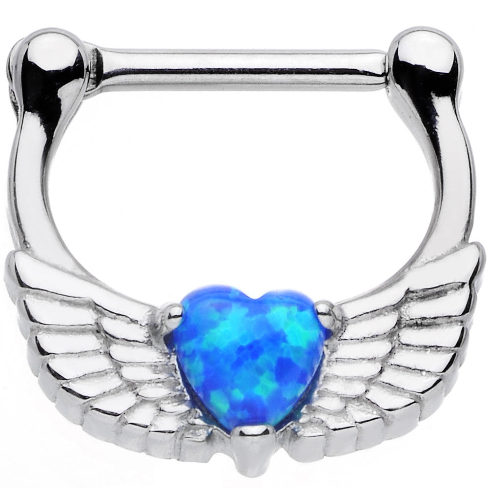 16 Gauge Steel Blue Synthetic Opal Heart Angel Wing Septum Clicker