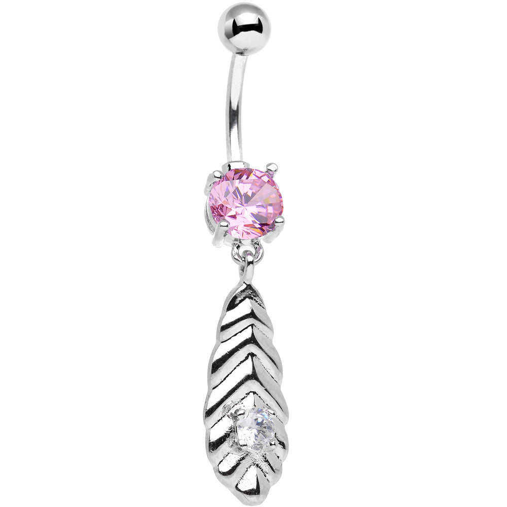 Pink and Clear CZ Gem Feather Dangle Belly Ring