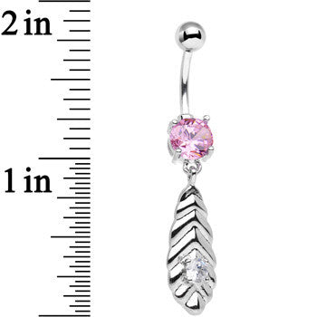 Pink and Clear CZ Gem Feather Dangle Belly Ring