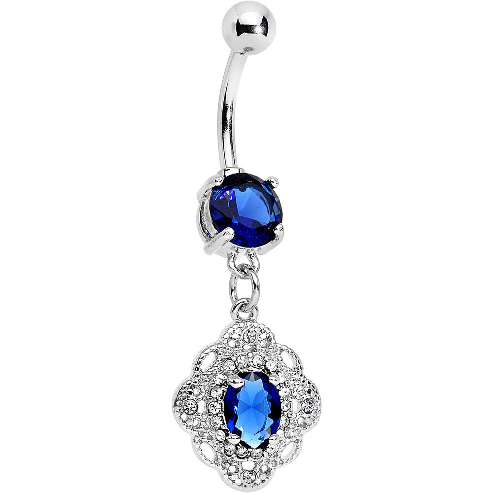 Royal Blue CZ Gem Clear Accent Ornate Ornament Dangle Belly Ring