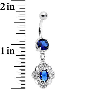 Royal Blue CZ Gem Clear Accent Ornate Ornament Dangle Belly Ring