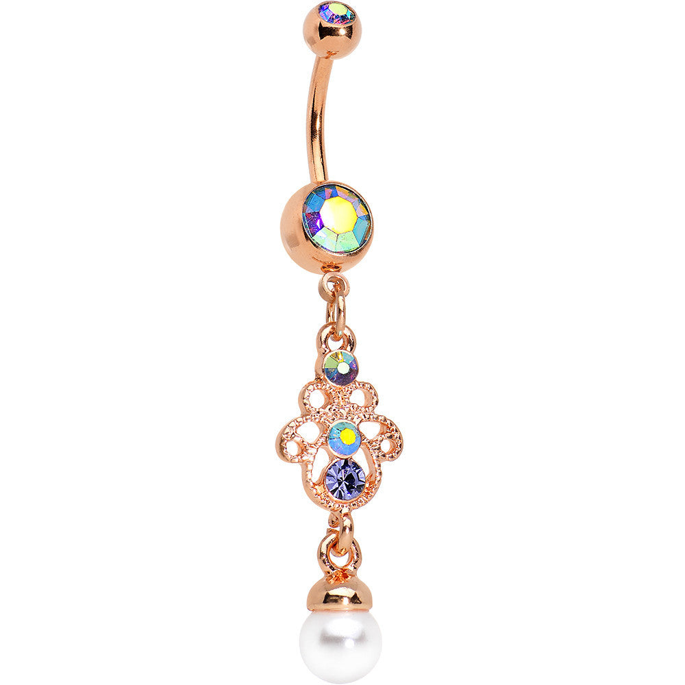 Aurora Gem Faux Pearl Rose Gold Anodized Hamsa Dangle Belly Ring