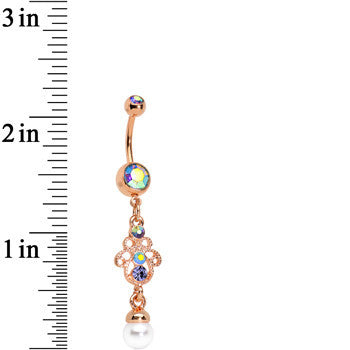 Aurora Gem Faux Pearl Rose Gold Anodized Hamsa Dangle Belly Ring