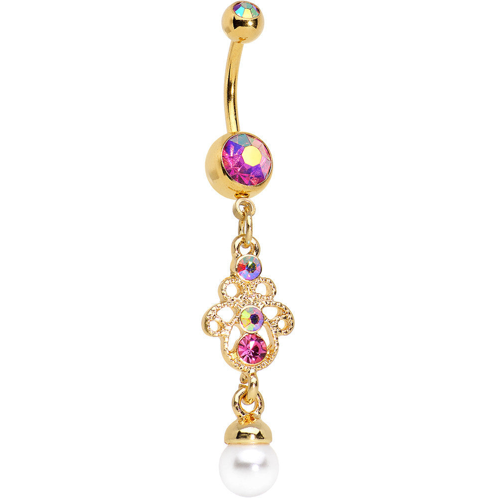 Pink Aurora Gem Faux Pearl Gold Anodized Hamsa Dangle Belly Ring