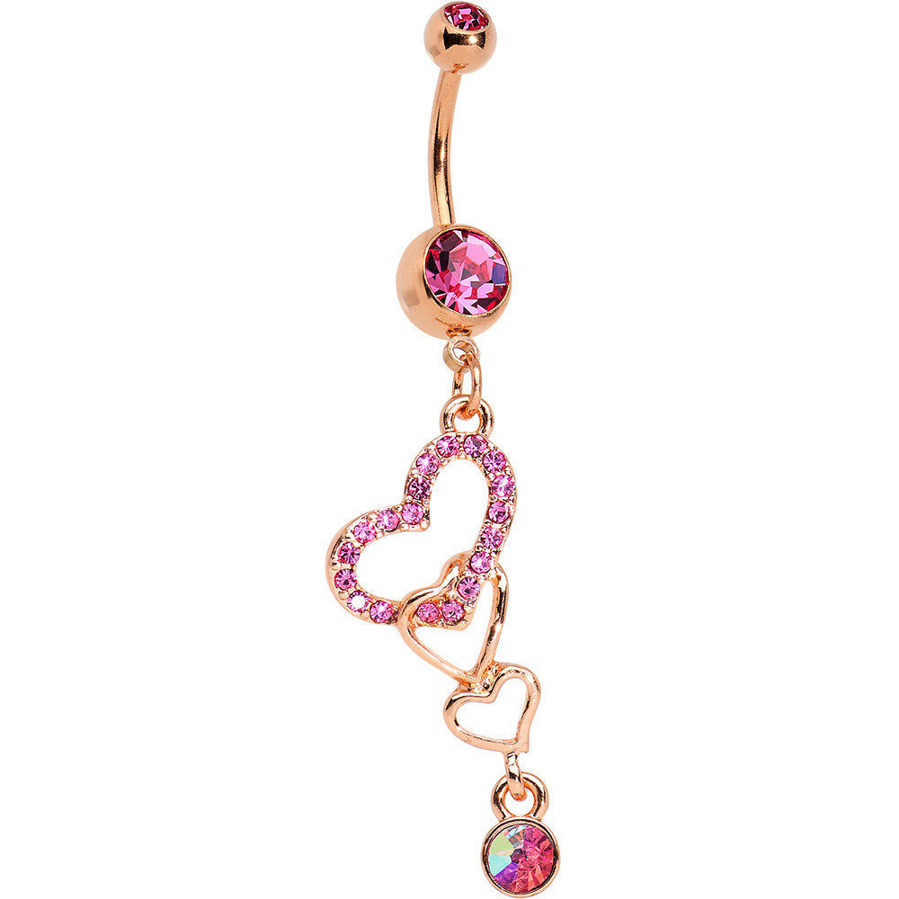 Pink Gem Rose Gold Anodized Locked Lovers Hearts Dangle Belly Ring