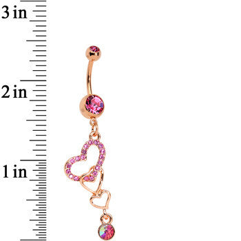 Pink Gem Rose Gold Anodized Locked Lovers Hearts Dangle Belly Ring