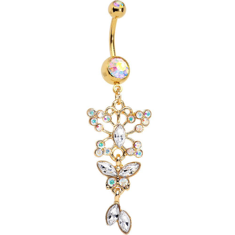 Aurora Gem Gold Anodized Butterfly Blast Dangle Belly Ring