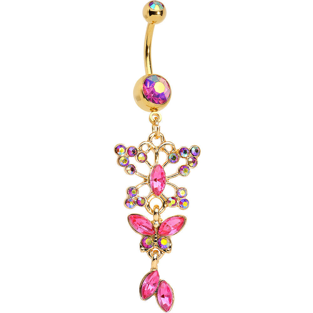 Pink Aurora Gem Gold Anodized Butterfly Blast Dangle Belly Ring