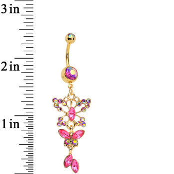 Pink Aurora Gem Gold Anodized Butterfly Blast Dangle Belly Ring