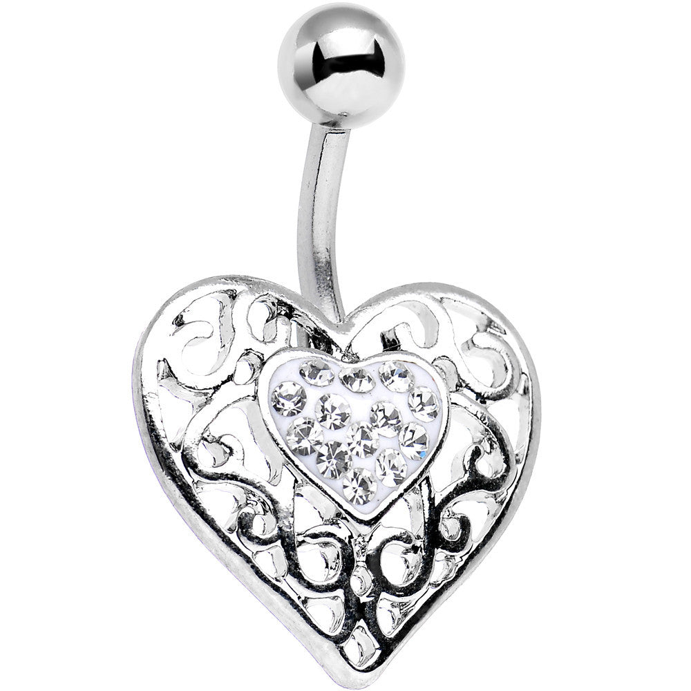 Clear Gem White Woven Heart Bottom Charm Belly Ring